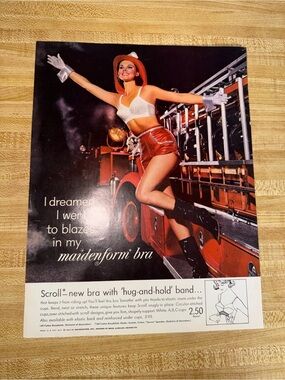 1963‎ Maidenform White Bra Ad Print with Red Accents firetruck firemen